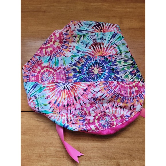 Surgical Dental Chemo Hat Bouffant Style Tie Dye with Pink Flannel Satin Ribbons - Picture 4 of 5